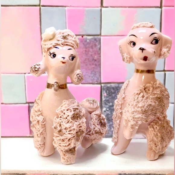 Vintage Lefton pink spaghetti poodle set. Boy/Girl dog set. Gold accents - Picture 2 of 13